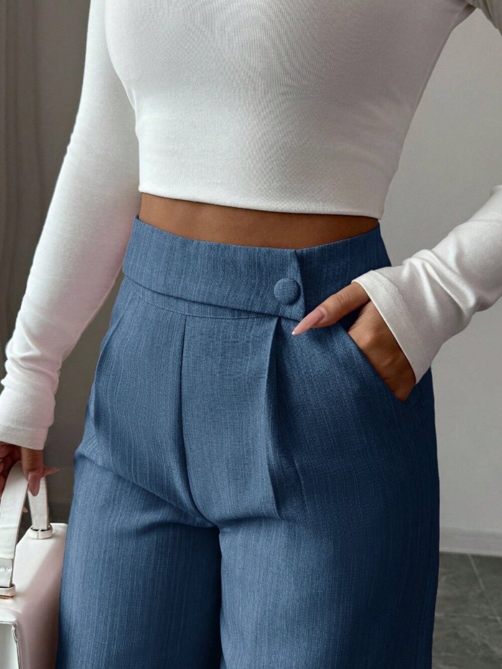 blue Casual Women's Work Office Loose Flowy Straight Leg Pants - Picture 7 of 7